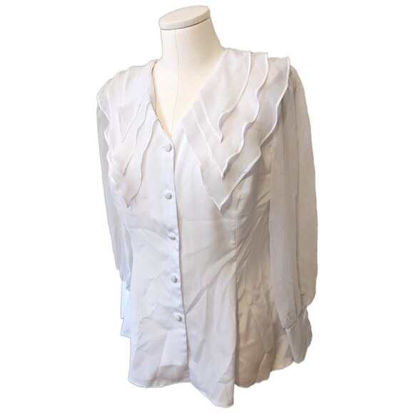 Vintage 80s White Blouse Ruffle Collar Sheer Sleeve Button Up Shoulder Pads Sz L - Picture 2 of 9